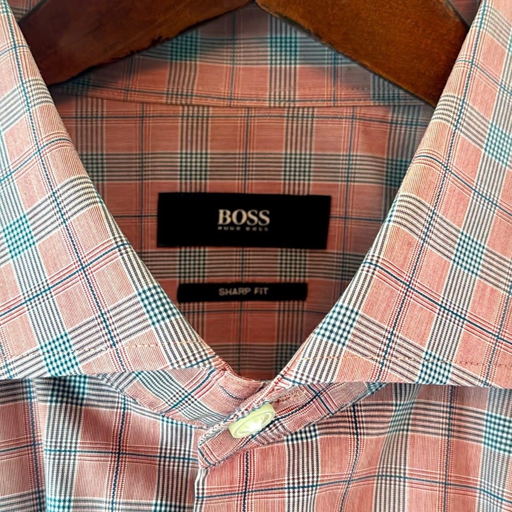 Hugo Boss Sharp Fit Dress Shirt 16.5 34/35 Glen Plaid Pink with Blue